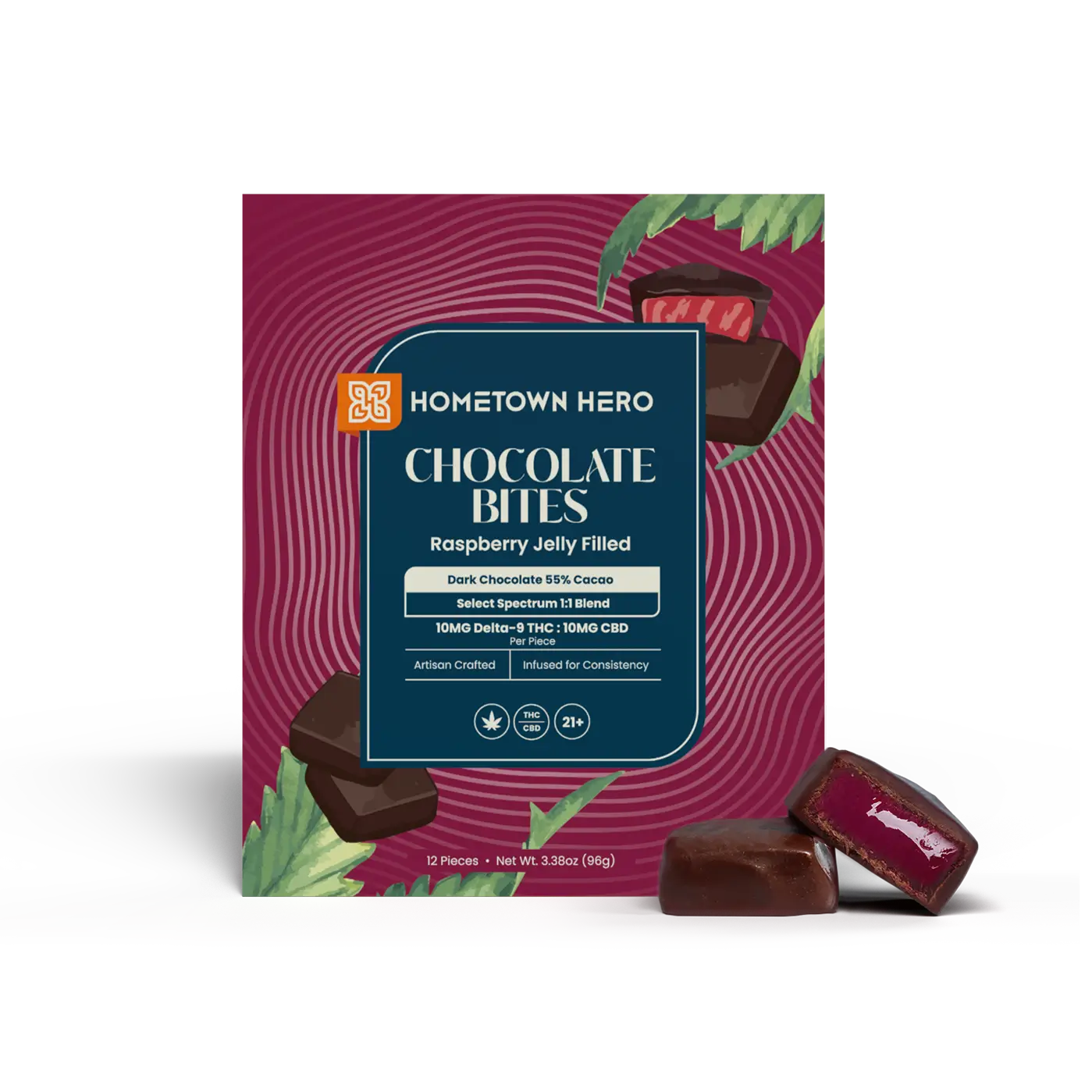 Hometown Hero Raspberry Jelly Dark Chocolate Bites - 10mg THC + 10mg CBD